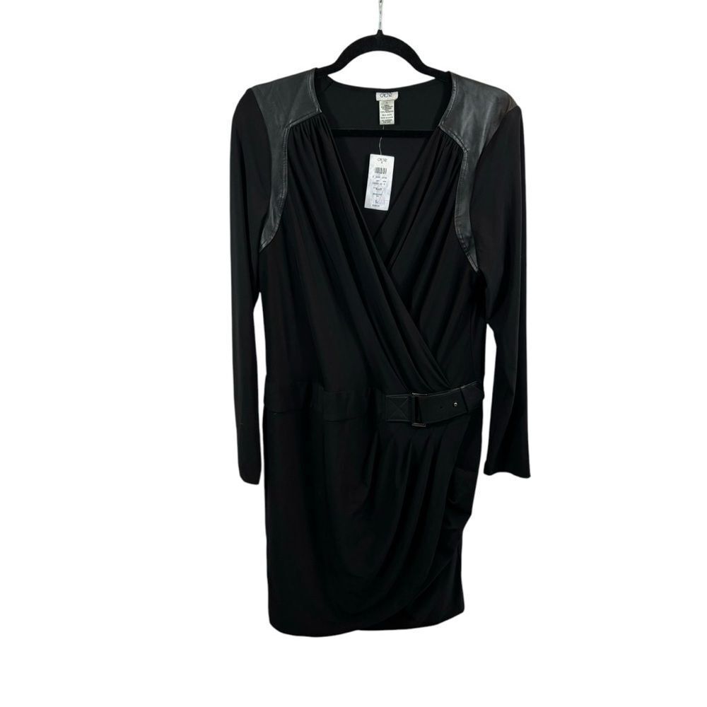 New with Tags Cache Black Long Sleeve V Neck Dress with Faux Leather‎ Detail XL